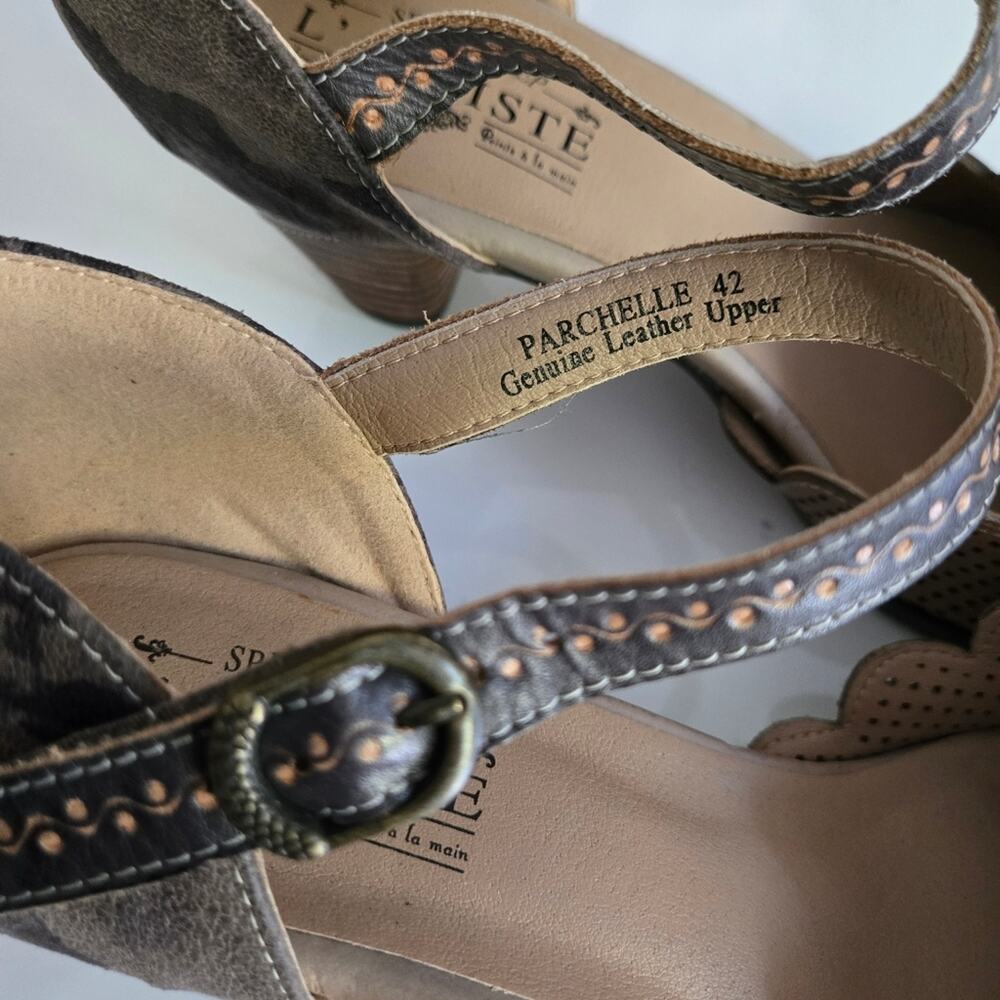 L'Artiste Parchelle Mary Jane Pumps Sz 42 Taupe Greige Leather Hand Painted Boho - Picture 8 of 10